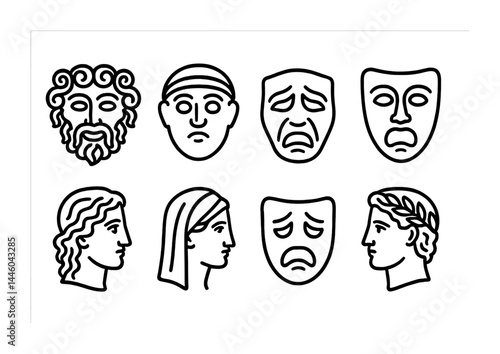 Ancient greek mythology outline icons set – classical style symbols for history, culture: zeus, apollo, dionysus, tragedy mask, comedy mask, hera, athena, hermes.