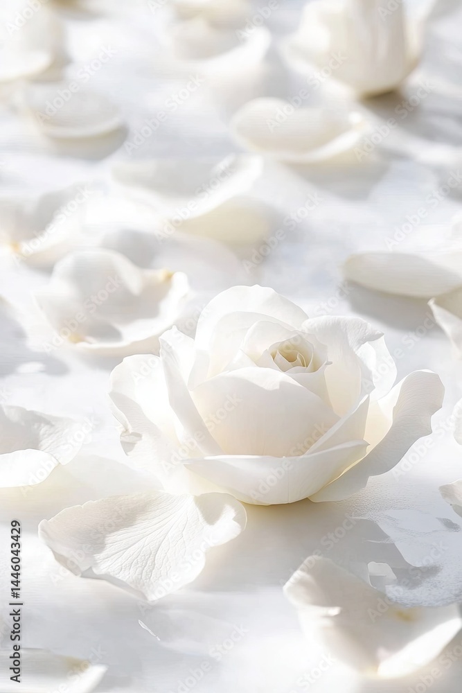 Closeup of a White Rose with Petals on a White Surface, Delicate, Floral Closeup of a White Rose with Petals on a White Surface, Delicate, Floral