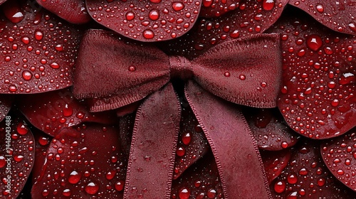 Crimson petals, water droplets, and a burgundy bow create a romantic close-up