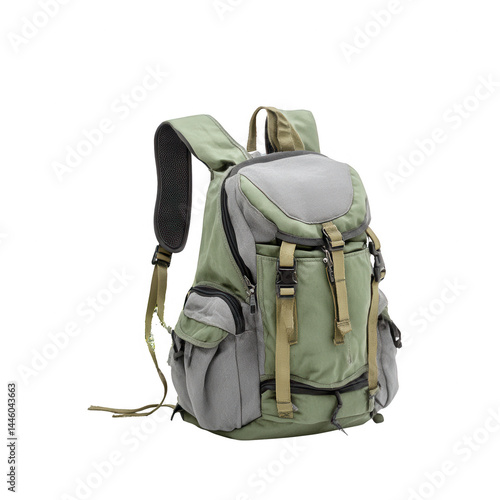 Olive and gray hiking backpack features multiple pockets and buckle straps.
