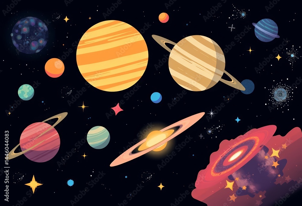 Fototapeta premium Simple flat vector illustrations of planets, stars, galaxies, and nebulae in the cosmos, simple, saturn