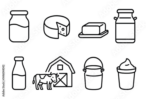 Dairy products outline icon set – linear style milk, cheese, and farm symbols for culinary design: milk jug, cheese wedge, butter, milk bottle, cow, barn