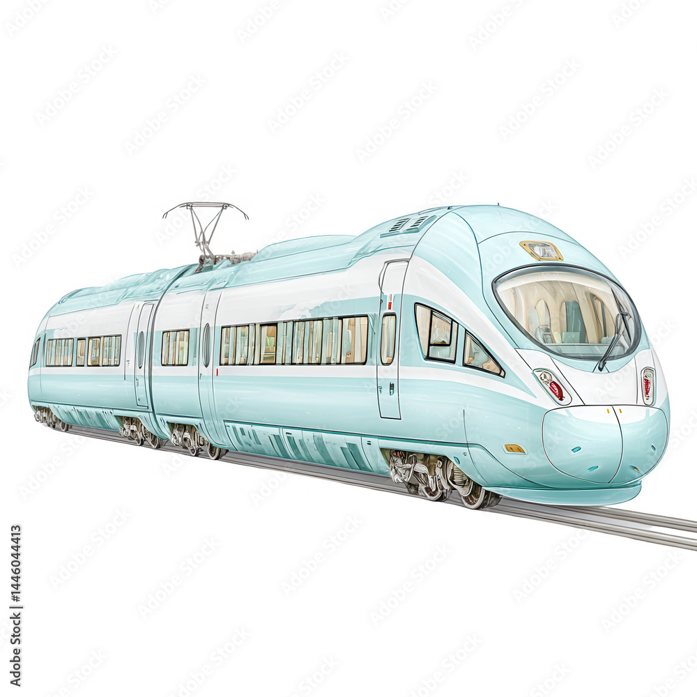 Fototapeta premium A sleek blue electric train travels on the tracks on a white background.