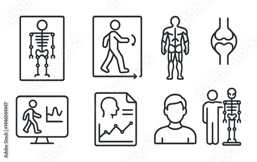 Human anatomy linear icon set – outline style for medical, education, and healthcare: skeleton, walking, muscles, joint, chart, profile, doctor, patient.