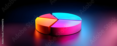 Gráfico circular 3D multicolor iluminado sobre fondo oscuro como visualización de datos moderna