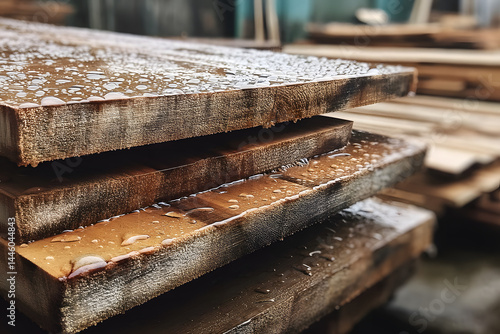 Tablones de madera húmedos apilados en exterior como material de construcción