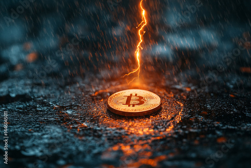 Bitcoin on wet ground, lightning striking down, symbolizing cryptocurrency volatility and risk in stormy weather conditions