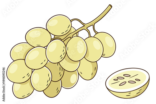 91 Photorealistic bunch of white grapes, translucent yellow color, juicy appearance, detailed grape skin texture, single grape stem, isolated on white background, studio lighting, high-resolution, mac