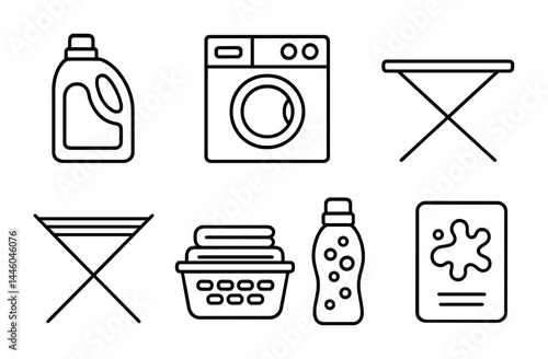 Laundry and cleaning icons set – outline style home care, household chores, and sanitation symbols for organization: detergent, washing machine, ironing board, drying rack, basket, fabric softener,