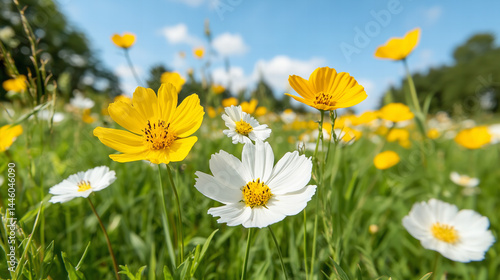 Fototapeta Naklejka Na Ścianę i Meble -  Zbliżenie żółtych i białych kwiatów na zielonej łące na tle jasnoniebieskiego nieba z białymi chmurami