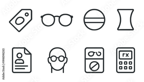 Optometry and eyewear icon set – linear style vision, eye care, and lens symbols for optical services: price tag, glasses, contact lens, eyeglass case, prescription.