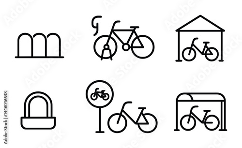 Bicycle and cycling icon set – outline style transport, exercise, and commuting symbols: bike rack, rider, bike parking, helmet, cycling sign, bicycle, shelter.