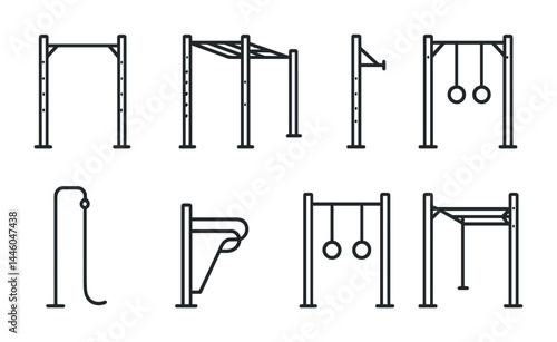 Outdoor fitness and calisthenics equipment icons set – outline style for gym, exercise, and health enthusiasts: pull-up bar, monkey bars, rings, rope, parallel bars