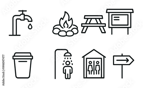 Public park safety and facilities icon set - line style outdoor recreation symbols for navigation and facility management: water tap, campfire, picnic table, information board, trash bin, shower,
