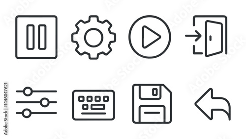 User interface outline icons set – linear style ui, ux, and navigation symbols for efficient app design: pause, settings, play, logout, sliders, keyboard, save, undo.