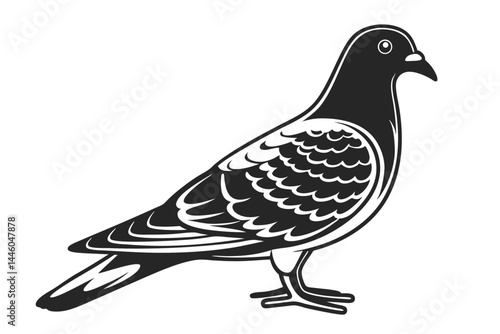 "Standing Pigeon Tattoo Vector – Black and White Bird Line Art Illustration"