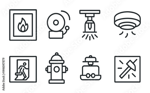 Fire safety and emergency outline icon set – line style for evacuation and protection planning: fire extinguisher, alarm bell, sprinkler, smoke detector, exit sign, hydrant, emergency light, hammer.