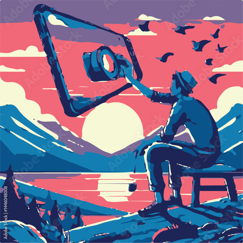 Adobe Illustrator Artwork, Dreamer Capturing Sunset with Camera Fram-Surreal Landscape Illustration