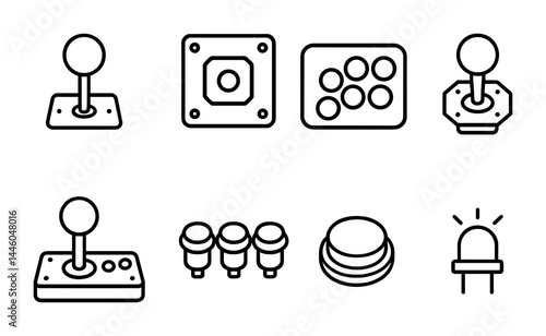 Arcade gaming icon set – outline style for retro, gamer, and esports enthusiasts: joystick, gamepad, buttons, led, console, control panel, gaming pad.