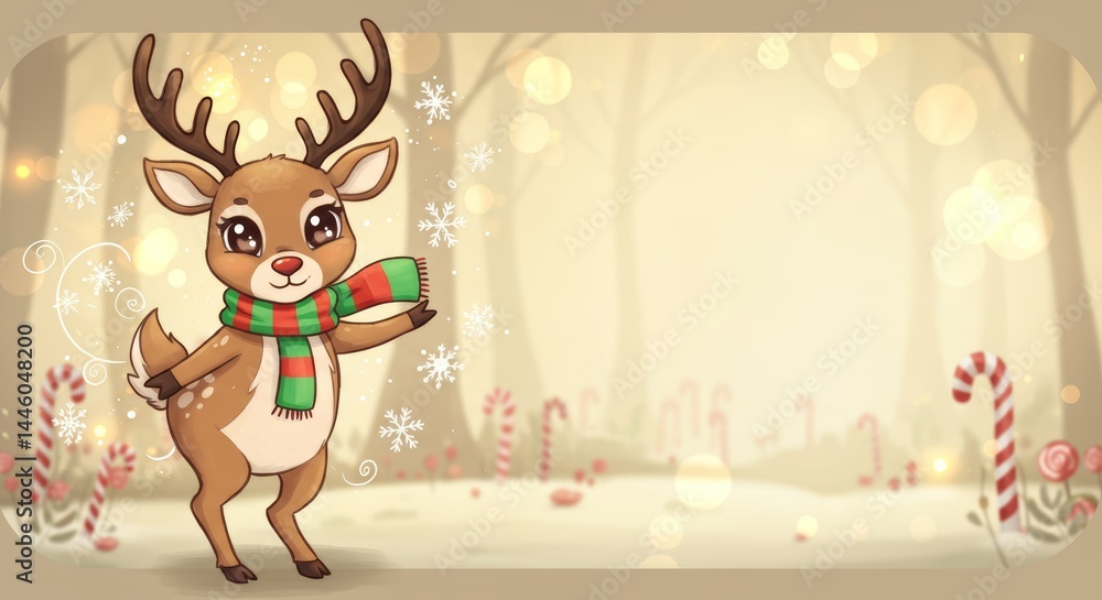 Fototapeta premium Cheerful cartoon reindeer wearing a striped scarf, surrounded by snowy flakes and candy canes in a whimsical winter forest setting