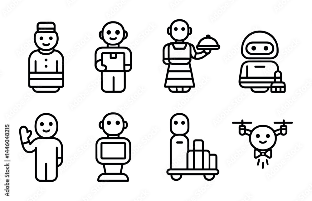 Hospitality service outline icons set – linear style hotel and restaurant symbols for industry professionals: bellboy, chef, waitress, maid, robot, concierge, butler, drone. Hospitality service outline icons set – linear style hotel and restaurant symbols for industry professionals: bellboy, chef, waitress, maid, robot, concierge, butler, drone.