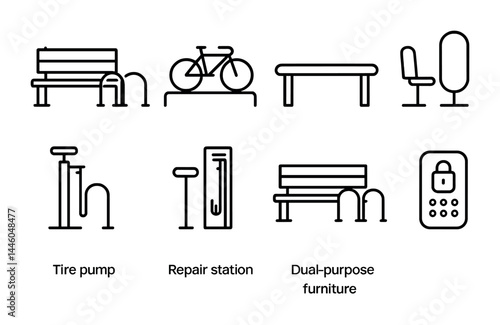 Urban bicycle amenities outline icon set - linear city cycling and infrastructure symbols for modern design: bike rack, bench, air pump, repair station, lock, dual-purpose furniture