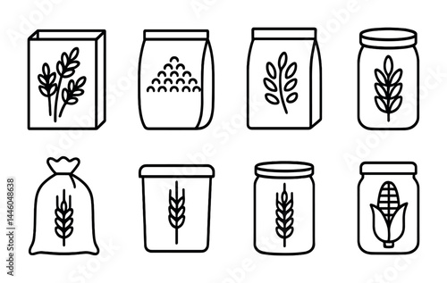 Organic food packaging icons – outline style supermarket, eco-friendly, and grocery symbols: cereal box, flour bag, grain sack, jar with corn, grain jar