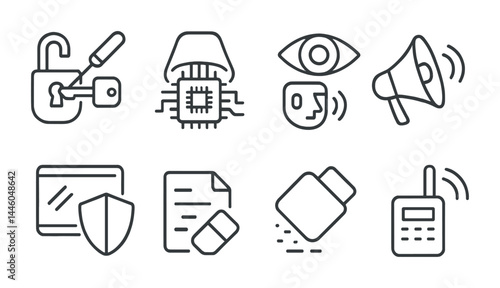 Cybersecurity icon set – outline style for digital safety, network protection, and online security: padlock, microchip, eye, megaphone, shield, document, eraser, walkie-talkie.