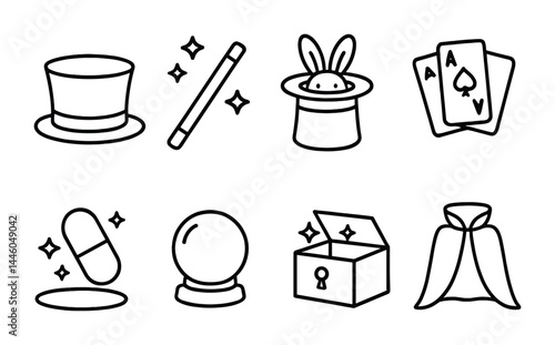Magic tricks icon set – outline style for illusions and entertainment: top hat, magic wand, bunny hat, playing cards, magic pill, crystal ball, treasure box, cape.