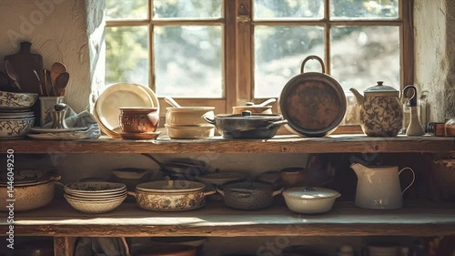 Vintage kitchenware collection displayed on wooden shelves near a window.  Rustic, antique, and charming kitchen items fill the shelves, bathed in sunlight