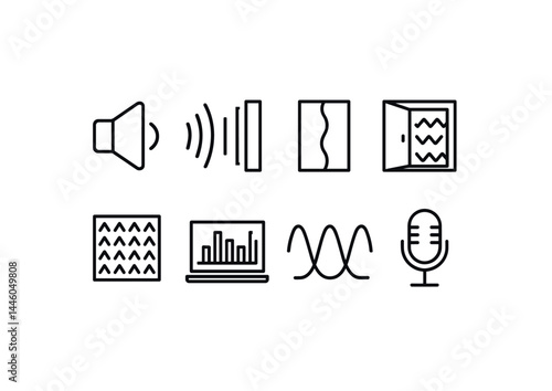 Audio and sound line icons set – outline style music, acoustic, and frequency symbols: speaker, sound waves, equalizer, microphone, graph, acoustic panel, window, waveform