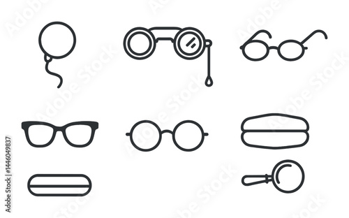 Eyewear outline icon set – linear style vision, optics, and fashion symbols for design projects: balloon, opera glasses, spectacles, sunglasses, lenses, magnifier.