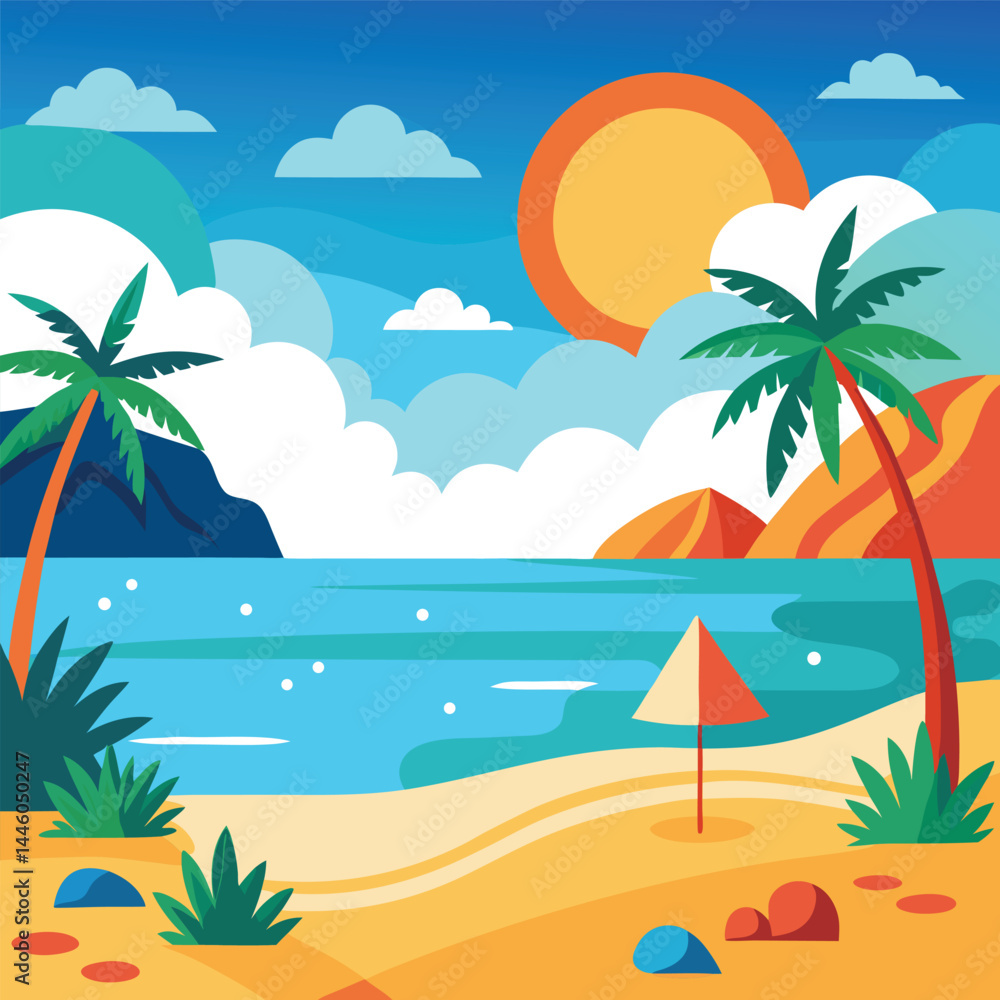 Fototapeta premium Tropical beach scene with palm trees and sun transparent vector