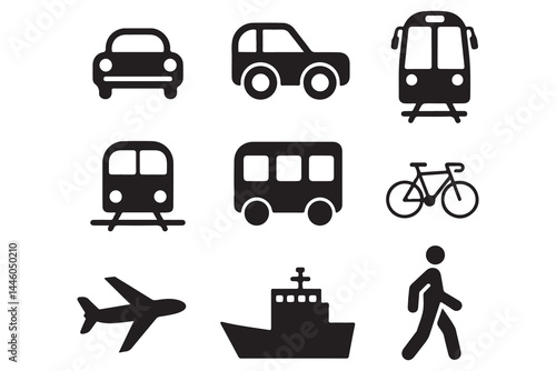 Wallpaper Mural Set of black transportation icons including car, train, tram, bus, bicycle, airplane, ship, and pedestrian silhouette on white background for travel, transit, mobility, and traffic illustrations" Torontodigital.ca
