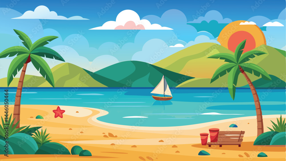 Obraz premium Tropical beach landscape with palm trees sailboat and scenic elements vector illustration