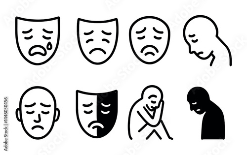 Emotional awareness line icons set – outline style symbols for mental health, wellness, and therapy: sad face, crying mask, pensive posture, somber expression, reflective mood