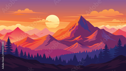 Vector landscape illustration of mountains forest and sunset sky with trees
