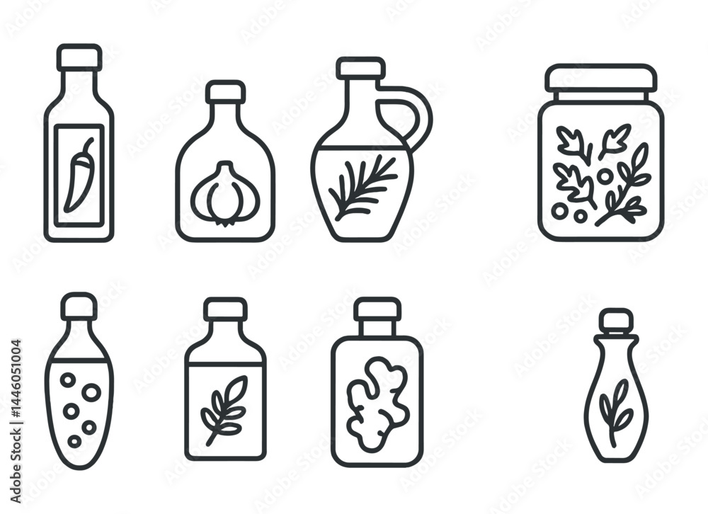 Fototapeta premium Herb and spice outline icons set – line style kitchen, culinary, and cookware symbols for recipe design: oil bottle, garlic jar, rosemary flask, ginger container, chili vial, herb pot.