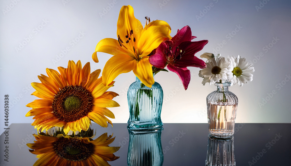 Fototapeta premium art work with glass vases with colored flowers on mirror with lily and sunflower