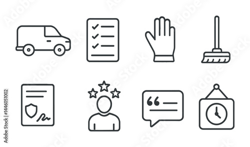 Home cleaning and maintenance outline icons – linear style chores, housekeeping, and organization symbols for efficient house management: van, checklist, glove, broom, document, tired person, speech