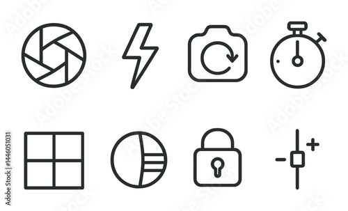 Photography equipment outline icons set – linear style for camera gear, photo tools, and editing: lens, flash, camera, timer, grid, histogram, lock, slider.
