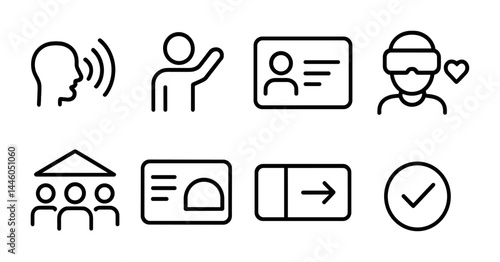Communication outline icons set – linear style for interaction, networking, and technology: speech, handshake, id card, vr headset, group, monitor, check mark.