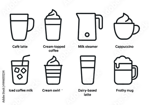 Coffee drink outline icons set – line style barista favorites, beverage symbols for café menus: café latte, milk steamer, cappuccino, iced coffee, frothy mug