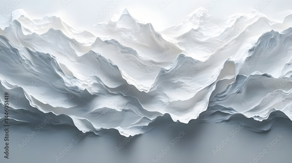 Serene mountain range sculpture installation on pure white background aerial perspective Serene mountain range sculpture installation on pure white background aerial perspective