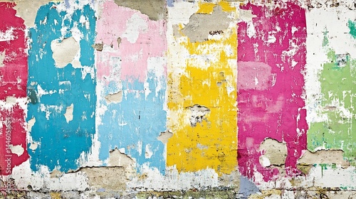 Colorful, weathered wall with peeling paint.  Striped, vibrant hues
