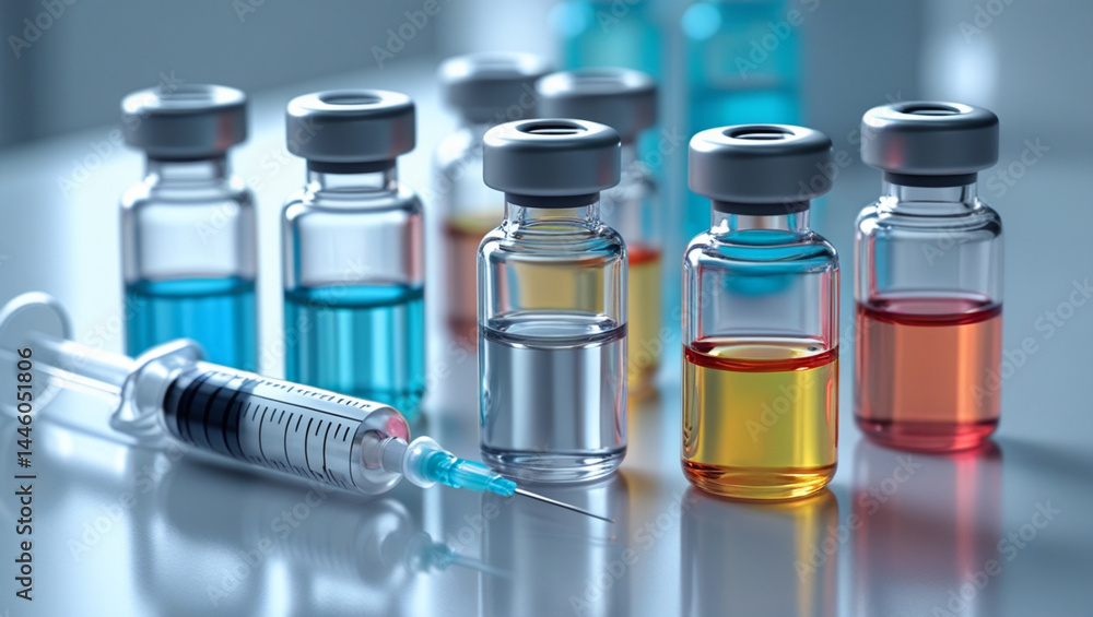 Vaccine Vials and Syringe on a Reflective Surface for Medical Concept Vaccine Vials and Syringe on a Reflective Surface for Medical Concept