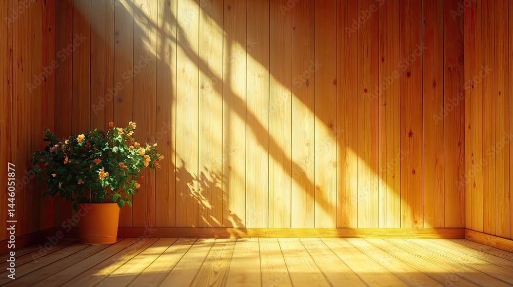 Fototapeta premium Sunlight streams into a cozy, wooden interior space.