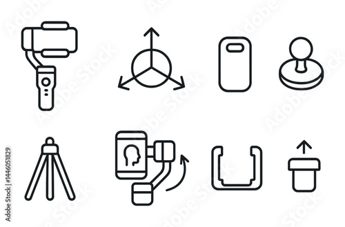 Photography and videography equipment icons – line style camera and filming tools for content creation: gimbal, tripod, lens, shutter, direction, stabilizer, button.