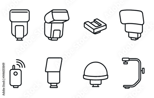 Photography equipment outline icons set – linear style for camera accessories, lighting gear, and professional studio tools: flash, tripod, reflector, softbox, remote, lens cap, light meter, clamp.