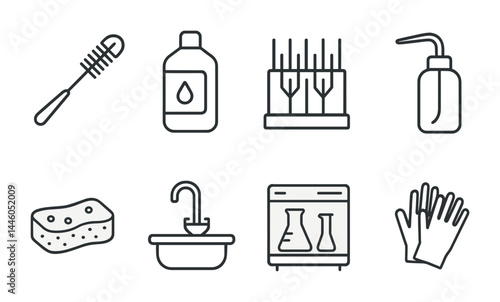 Laboratory equipment outline icon set - linear style science, research, and lab tools for experiments: pipette, beaker, reagent bottle, gloves, microscope, test tube, flask